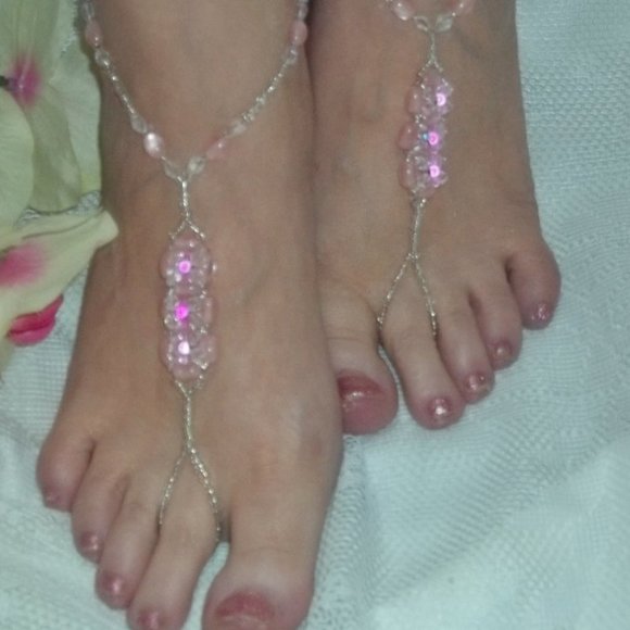 Pink Iridescent Glow/ Magic Bead Barefoot Sandals Size 6-9 - Picture 1 of 4
